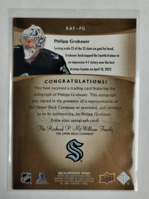 2023-24 Artifacts Philipp Grubauer RAF-PG Retro Autofacts back